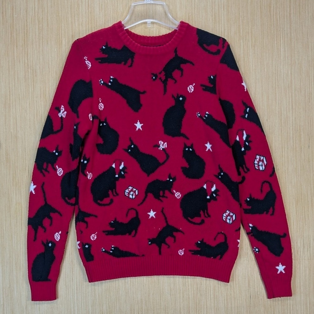 Blizzard Bay Mens Ugly Christmas Sweater Red Black Cat Santa Hat Cotton Small